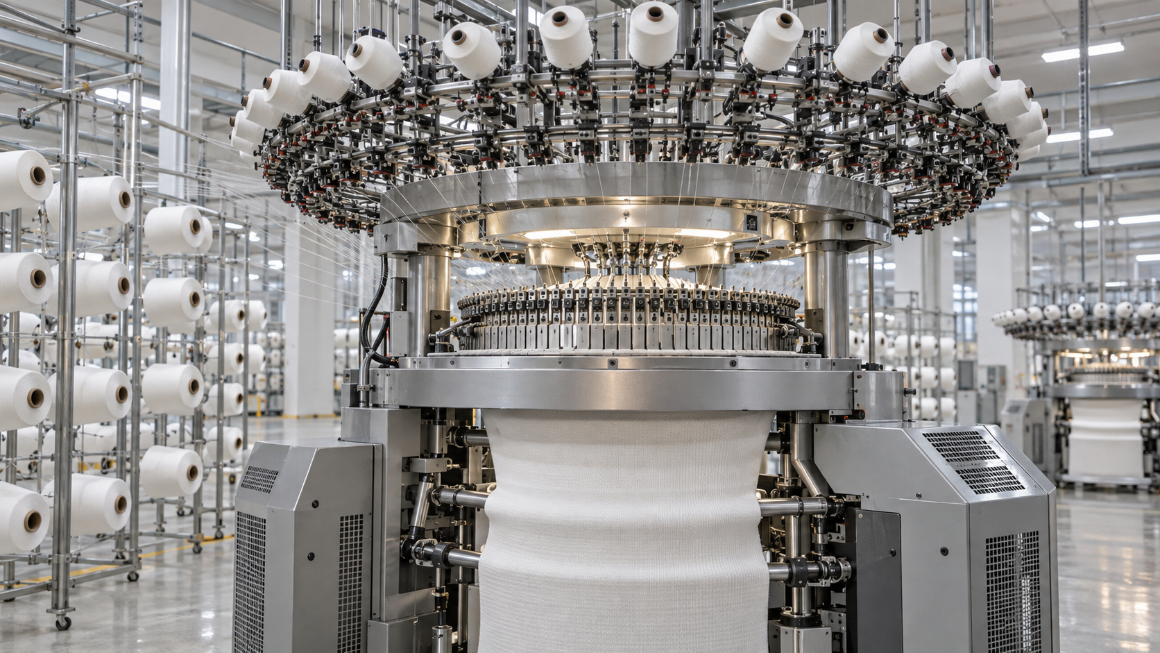 AI concept image of an industrial circular interlock knitting machine
