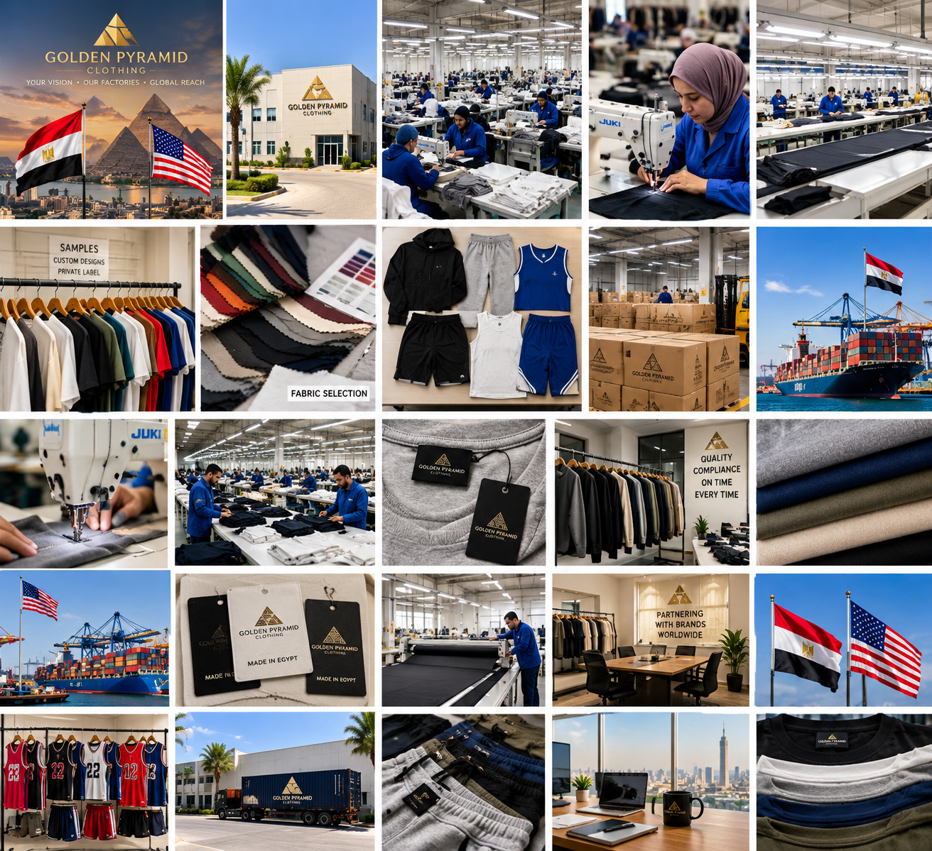 AI concept board showing apparel manufacturing, fabrics, samples, logistics, and Egypt-to-U.S. sourcing
